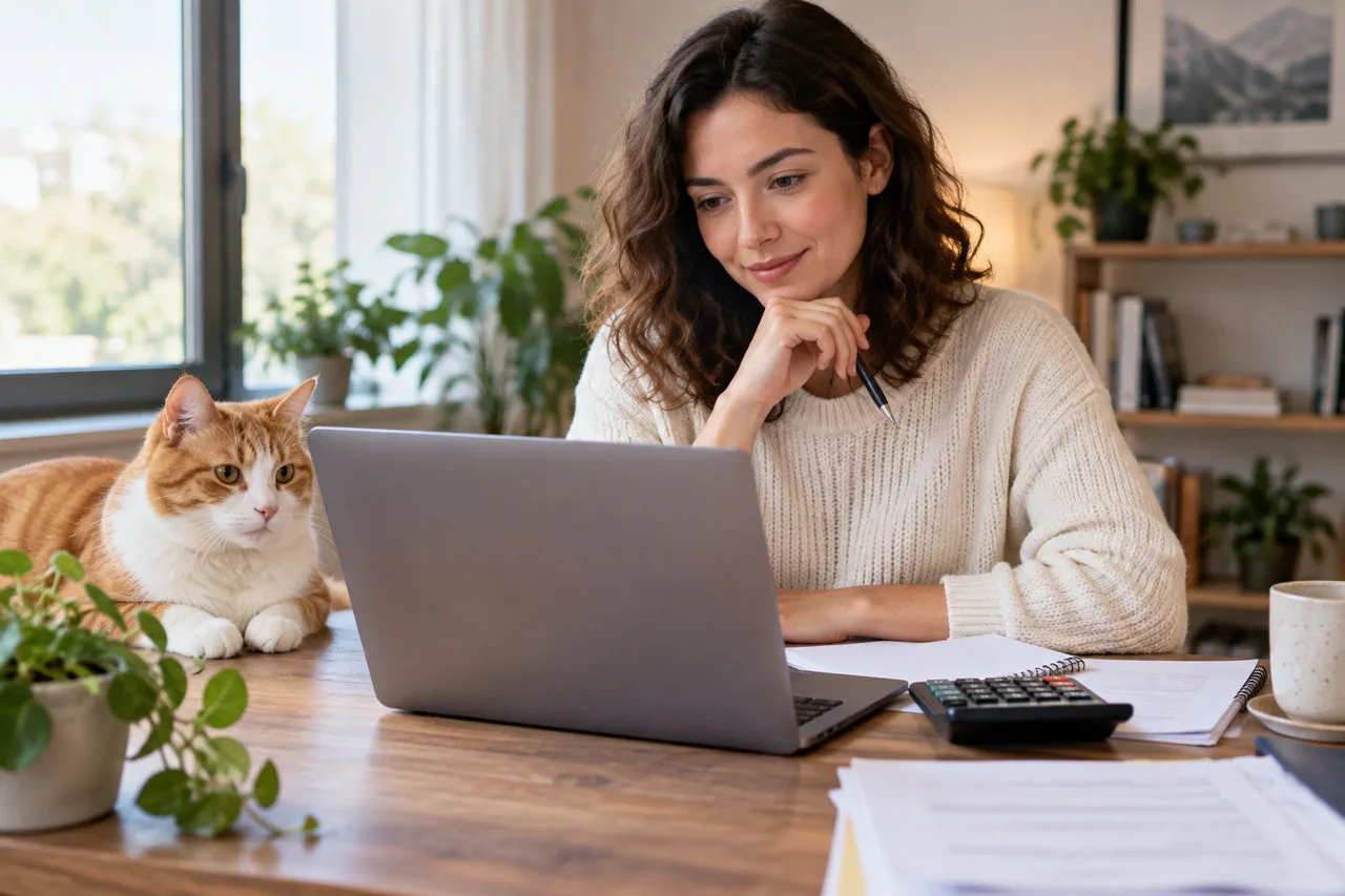 Owner comparing information on a laptop with an orange-and-white cat beside her
